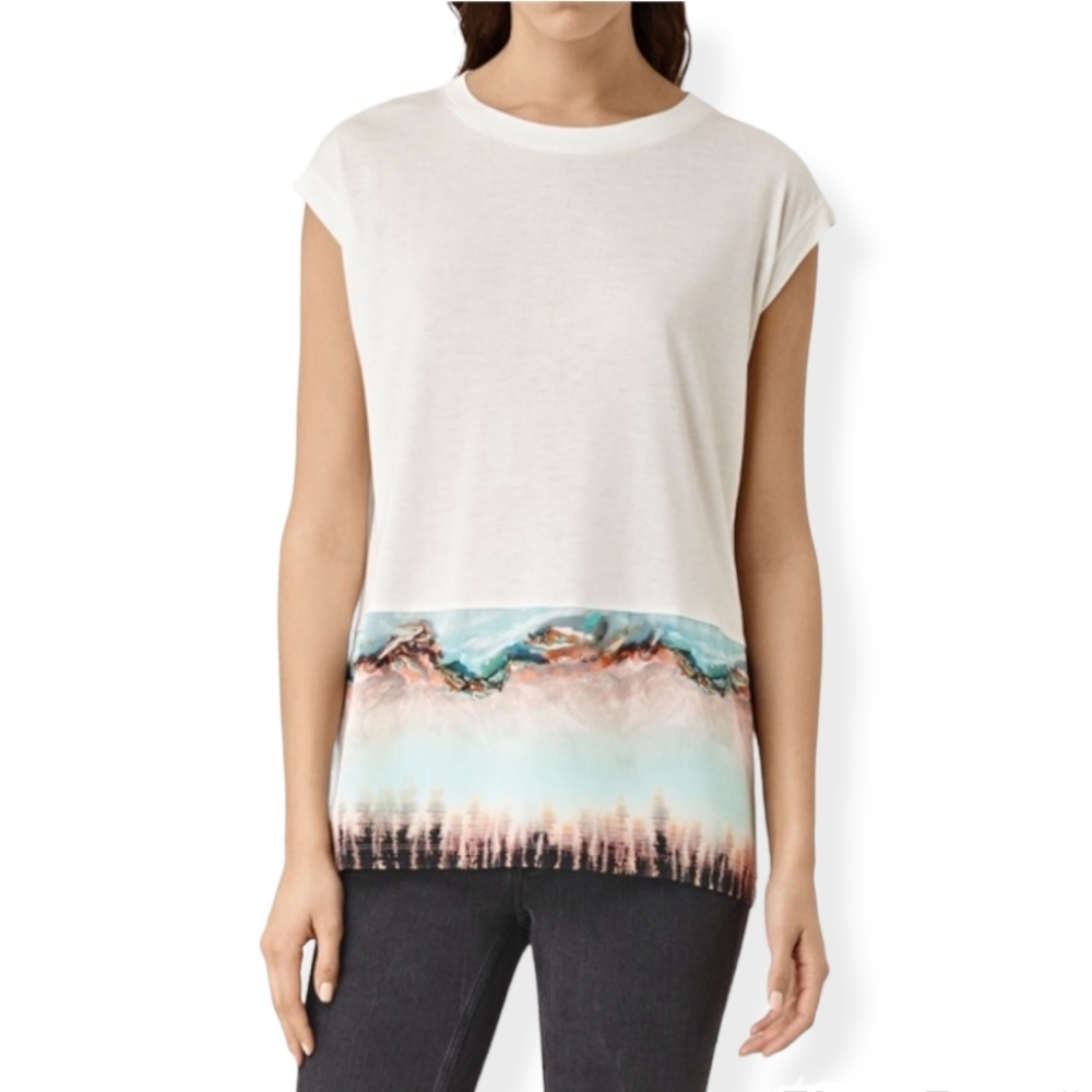 AllSaints White Tank with Teal and Coral Scenic Hem